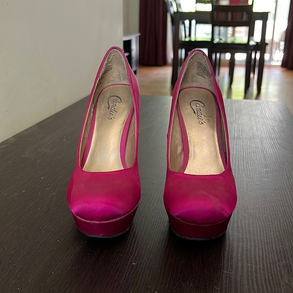 Bright pink high heels with bedazzle heel